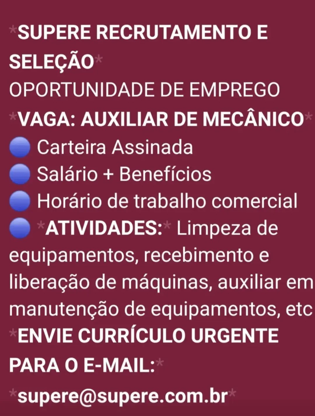 VAGAS PARA AUXILIAR DE MECÂNICO